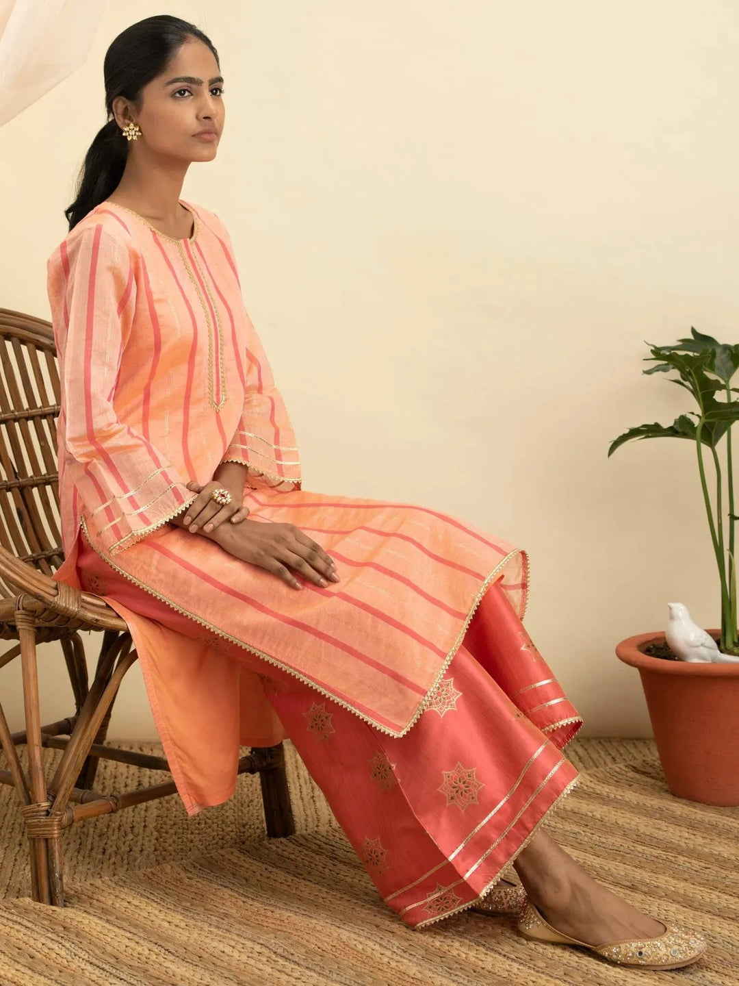 Orange Self Design Chanderi Silk Kurta Set - Libas