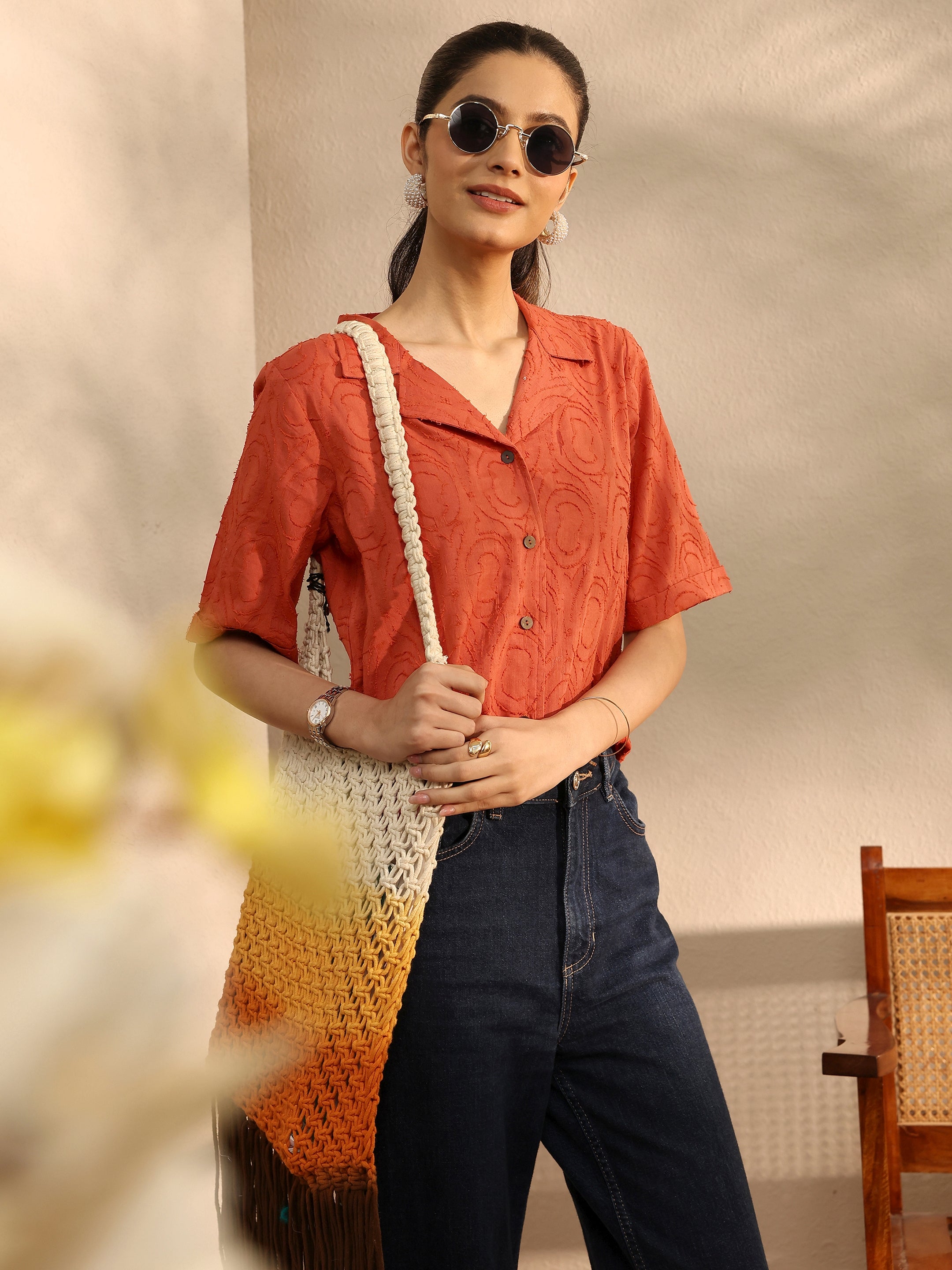 Orange Self Design Cotton Straight Shirt-image-14