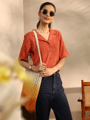 Orange Self Design Cotton Straight Shirt