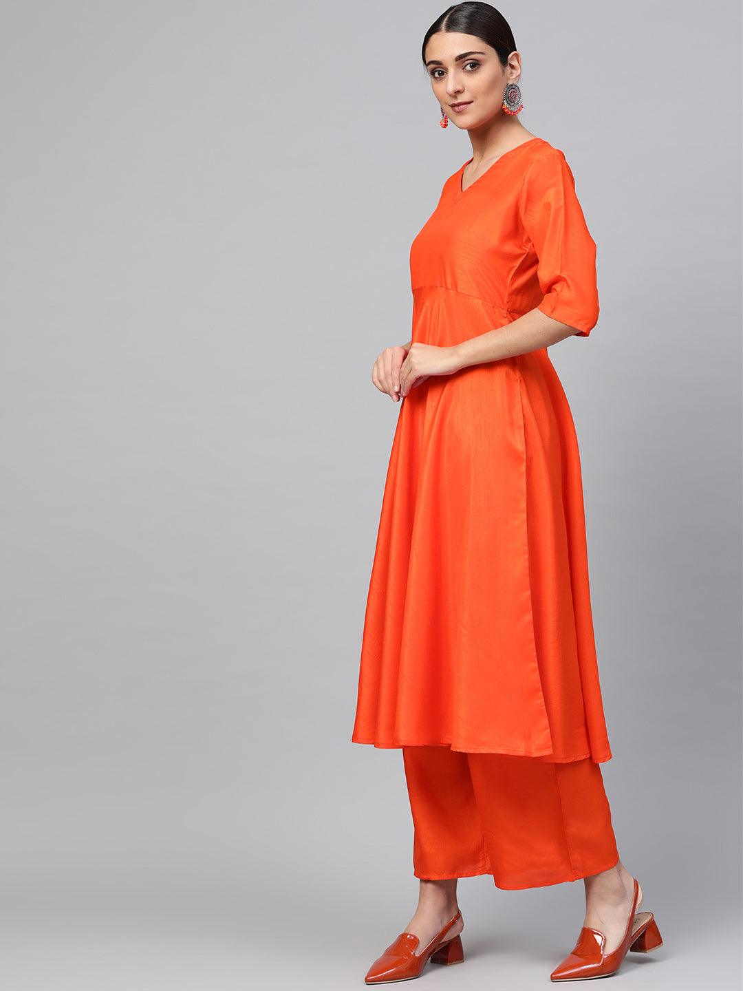 Orange Solid Chanderi Silk A-Line Kurta With Palazzos & Dupatta