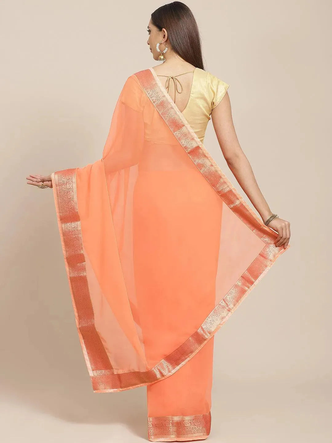 Orange Solid Chiffon Saree - Libas 