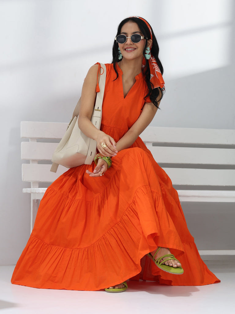 Libas Orange Solid Cotton A-Line One-Piece Tiered Dress