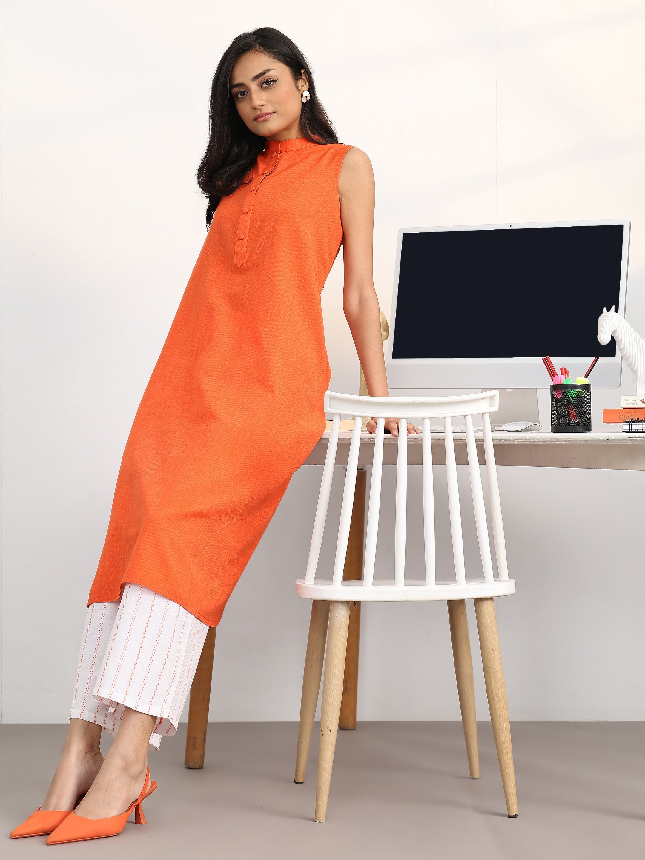 Orange Solid Cotton Blend A-Line Kurta Set-image-5