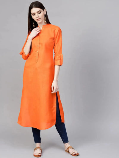 Orange Solid Cotton Kurta - Libas