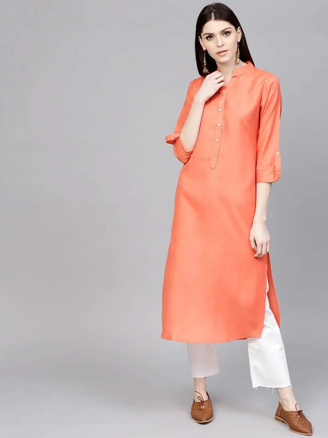 

Buy Orange Solid Cotton Kurta - 7639E- | Libas Ethnic Wear Online