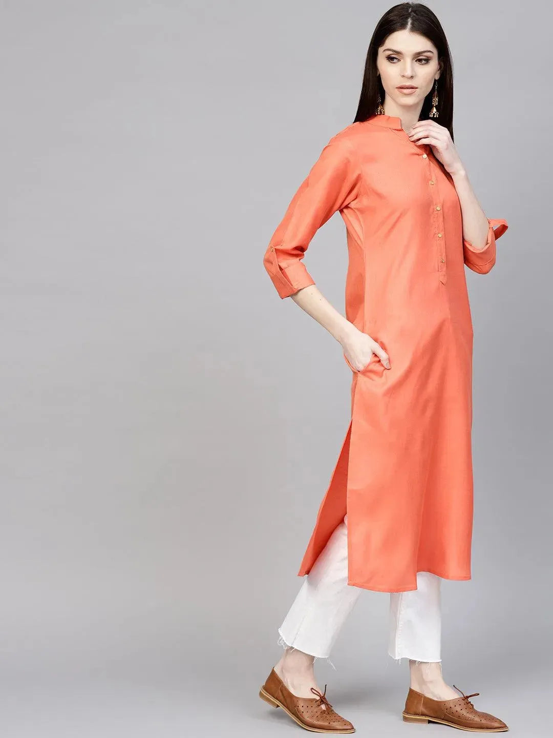 Orange Solid Cotton Kurta - Libas 