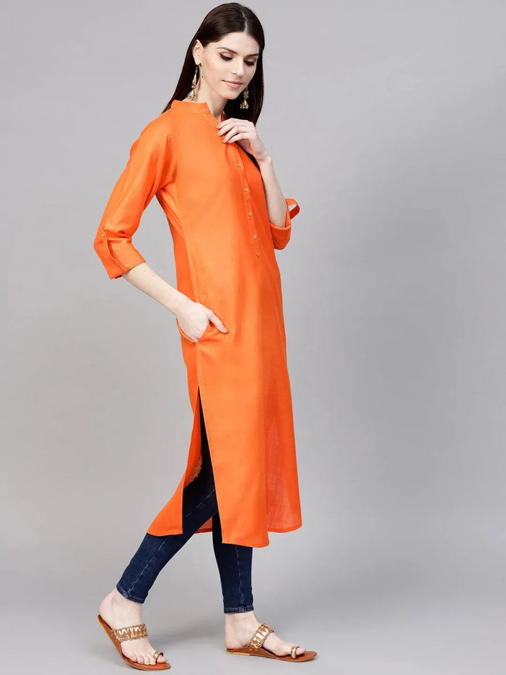 Orange Solid Cotton Kurta - Libas