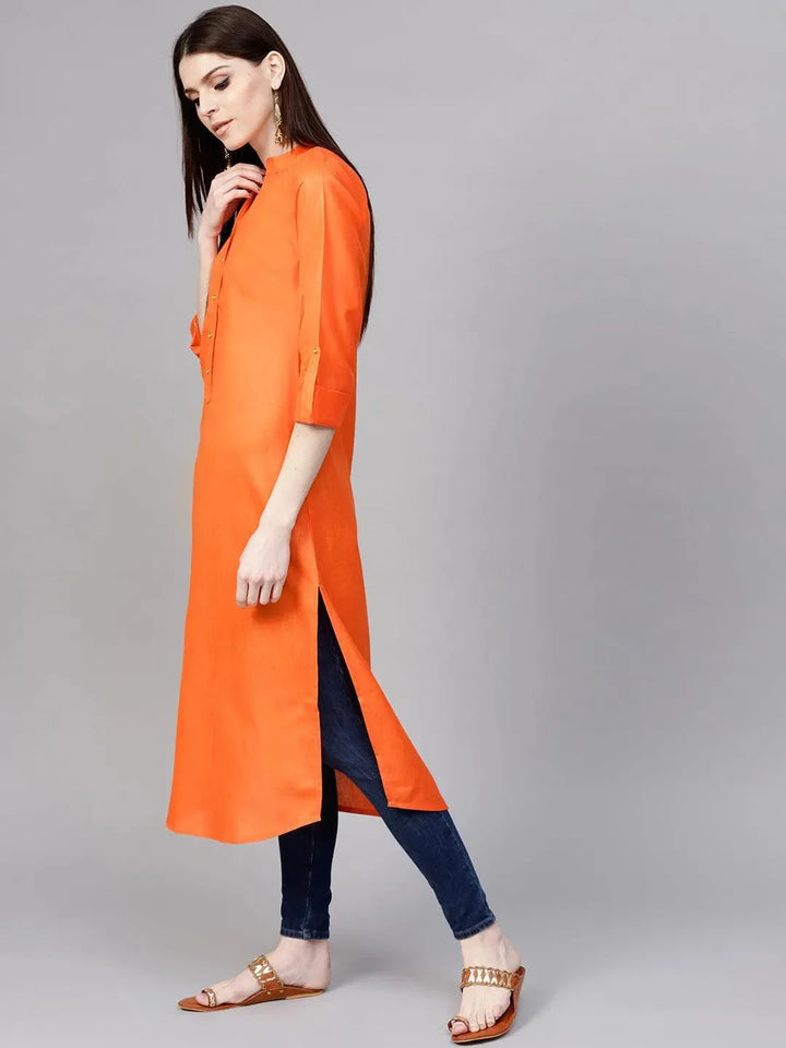 Orange Solid Cotton Kurta - Libas