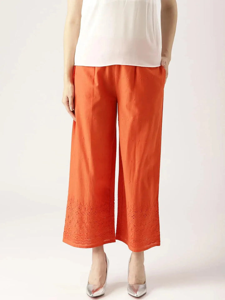 Orange Solid Cotton Palazzos - Libas