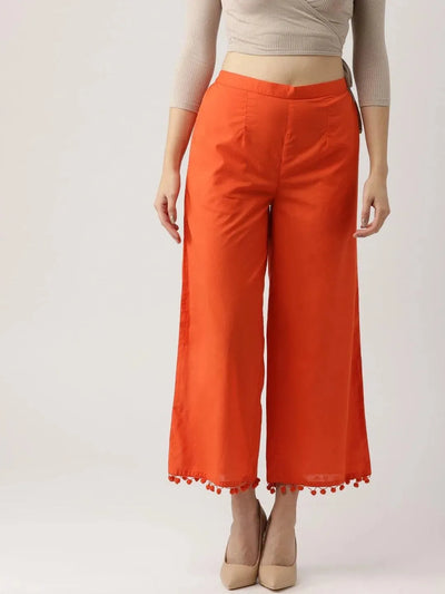 Orange Solid Cotton Palazzos - Libas