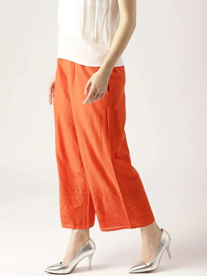 Orange Solid Cotton Palazzos - Libas