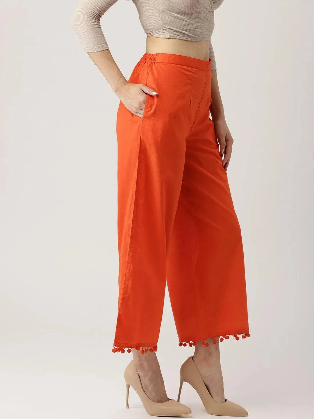 Orange Solid Cotton Palazzos - Libas