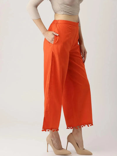 Orange Solid Cotton Palazzos - Libas