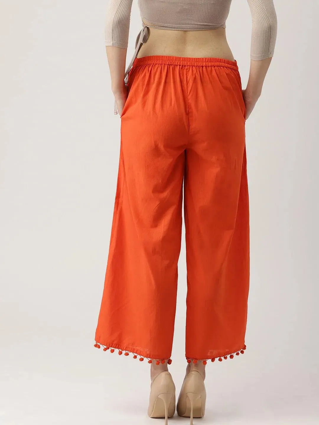 Orange Solid Cotton Palazzos - Libas