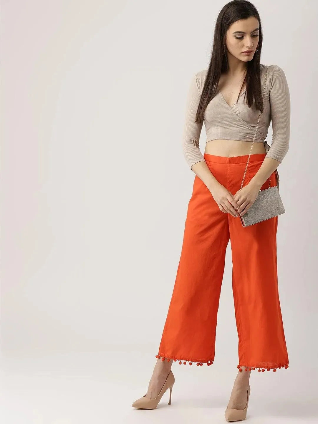 Orange Solid Cotton Palazzos - Libas