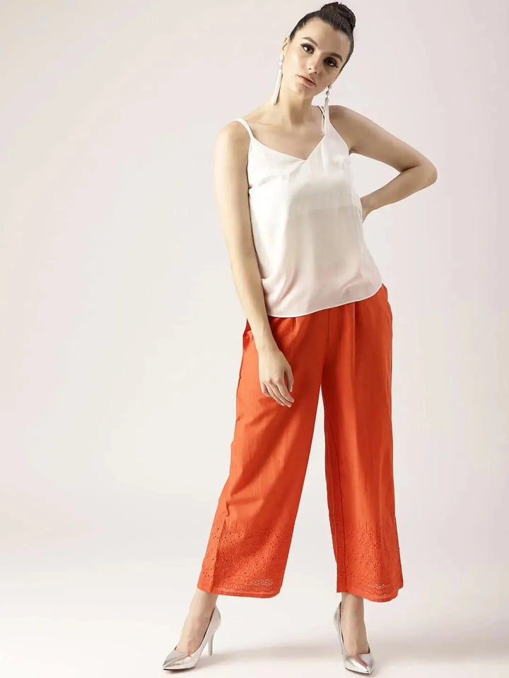 Orange Solid Cotton Palazzos - Libas