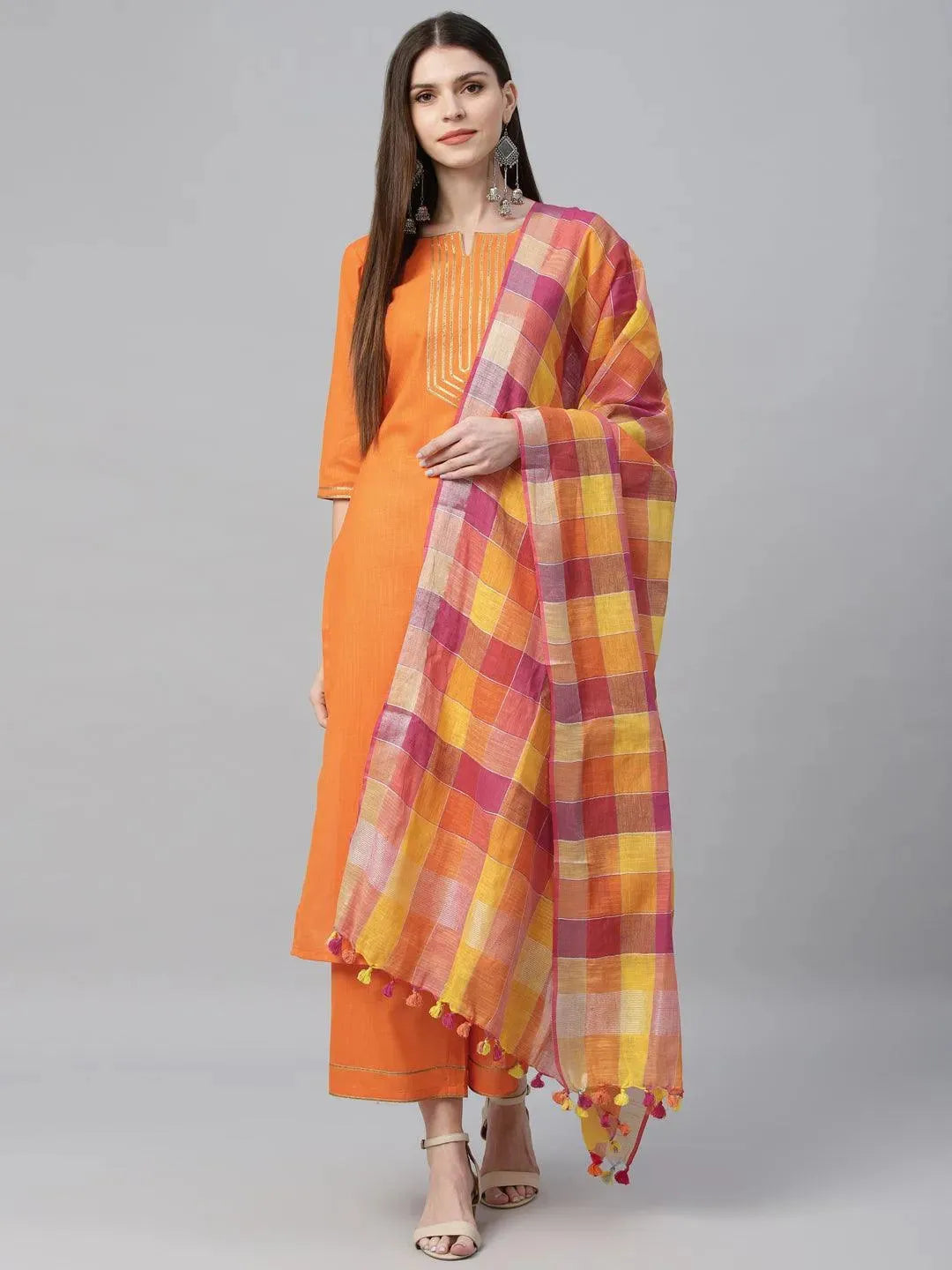 Orange Solid Cotton Suit Set - Libas