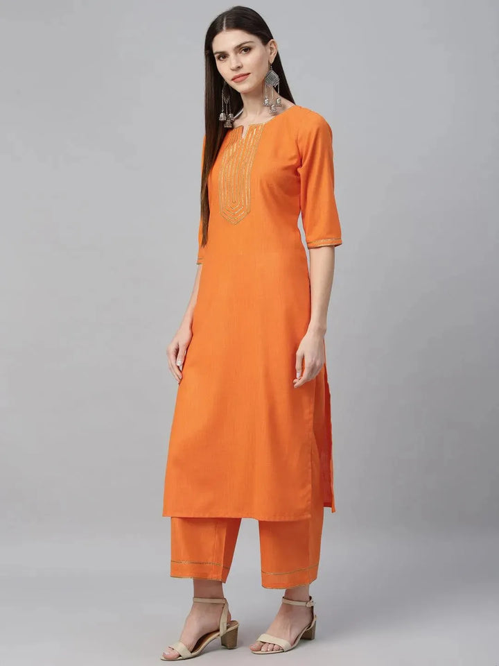 Orange Solid Cotton Suit Set - Libas