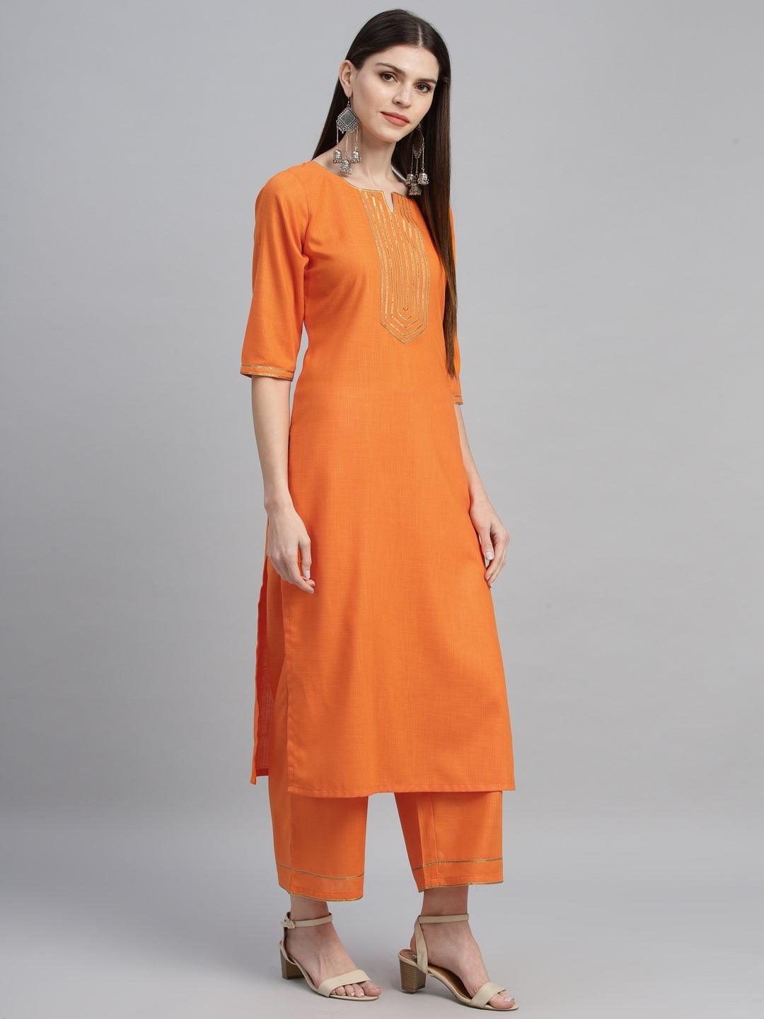 Orange Solid Cotton Suit Set - Libas