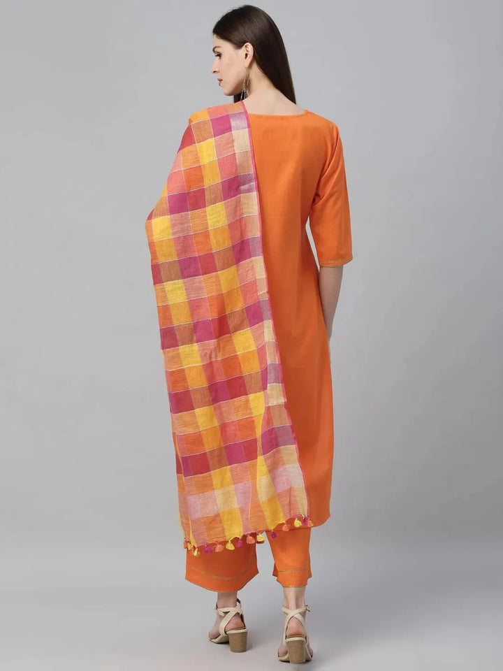 Orange Solid Cotton Suit Set - Libas