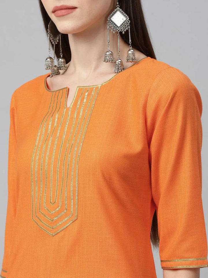 Orange Solid Cotton Suit Set - Libas