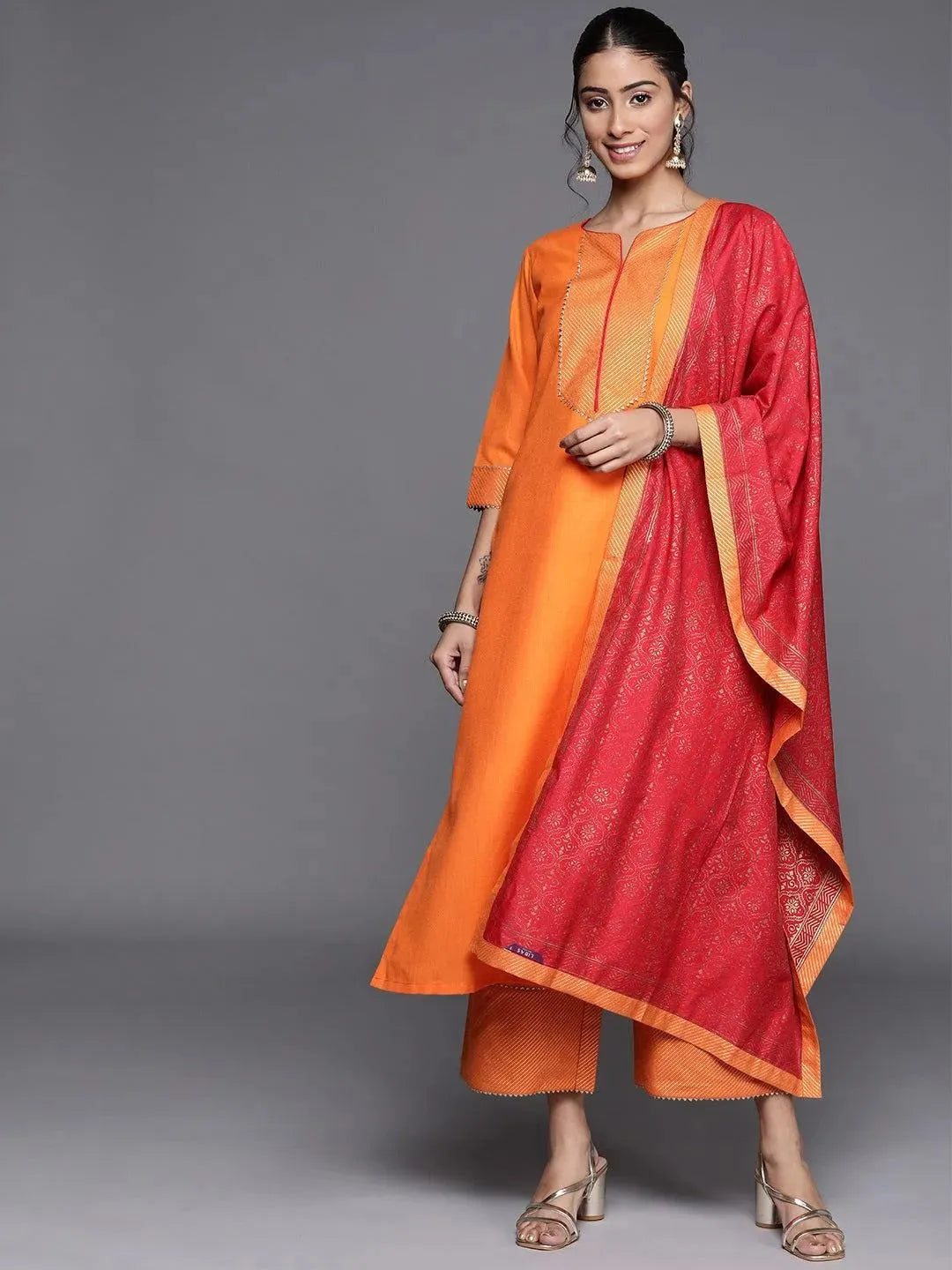 Orange Solid Cotton Suit Set - Libas