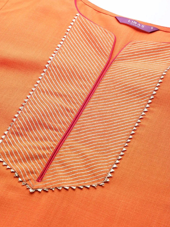 Orange Solid Cotton Suit Set - Libas