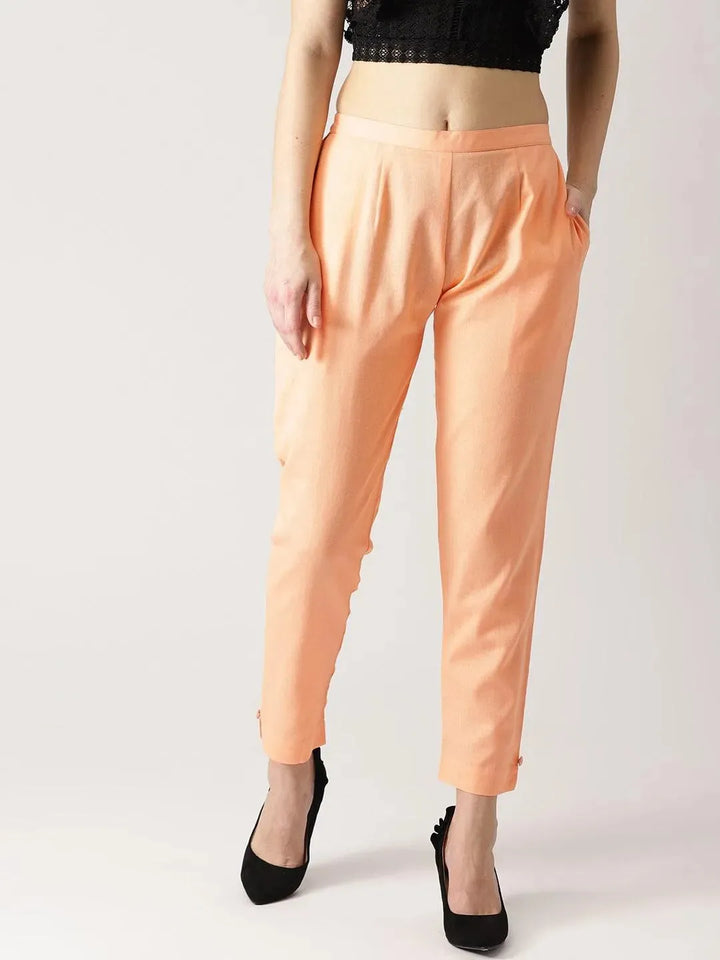 Orange Solid Cotton Trousers - Libas