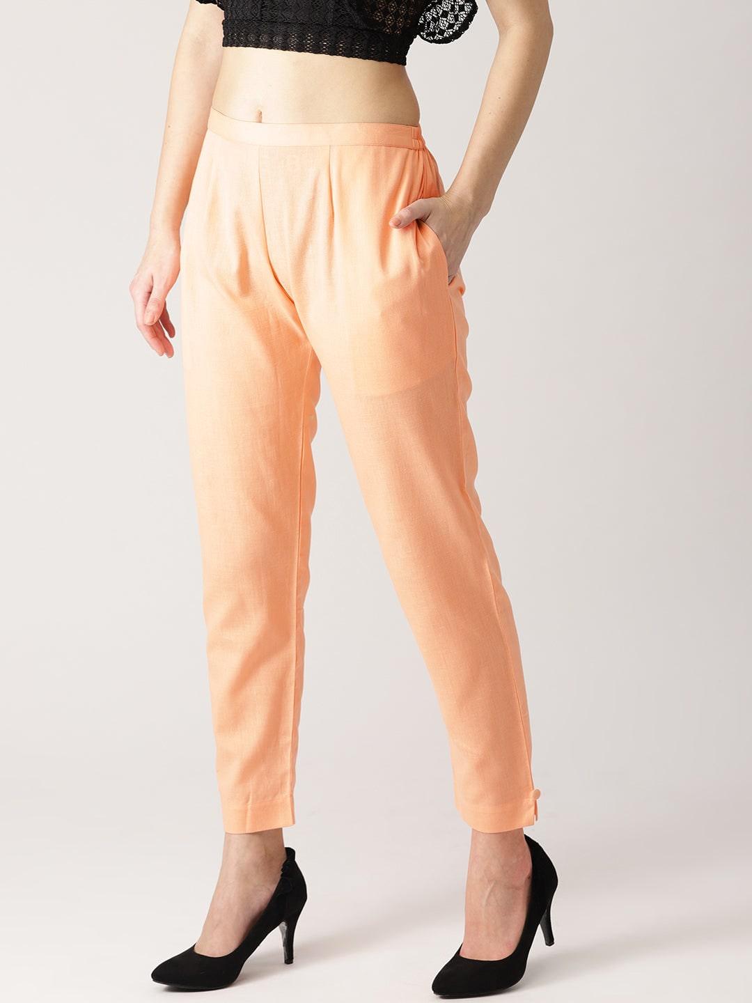 Orange Solid Cotton Trousers