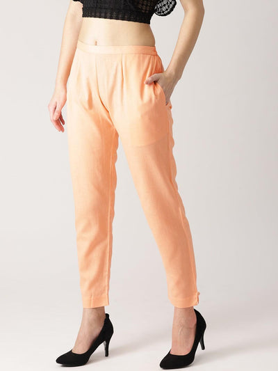 Orange Solid Cotton Trousers - Libas