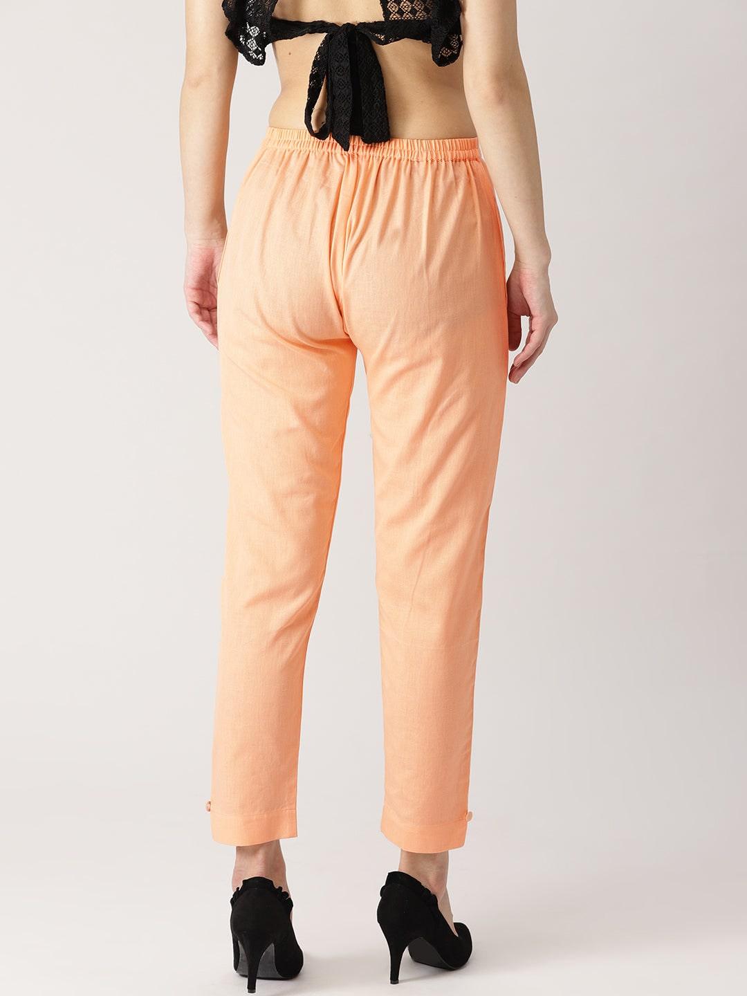 Orange Solid Cotton Trousers - Libas