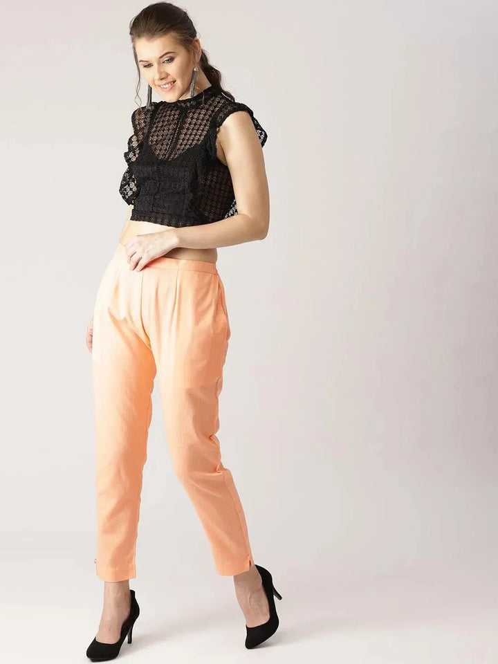 Orange Solid Cotton Trousers - Libas