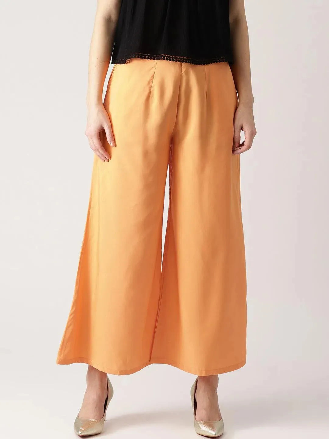 Orange Solid Crepe Palazzos - Libas