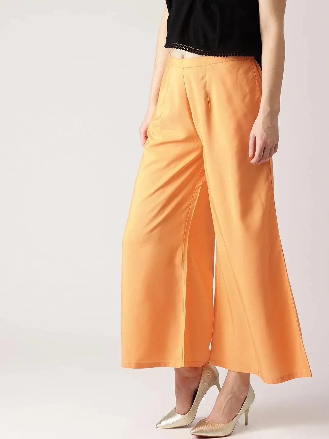 Orange Solid Crepe Palazzos - Libas