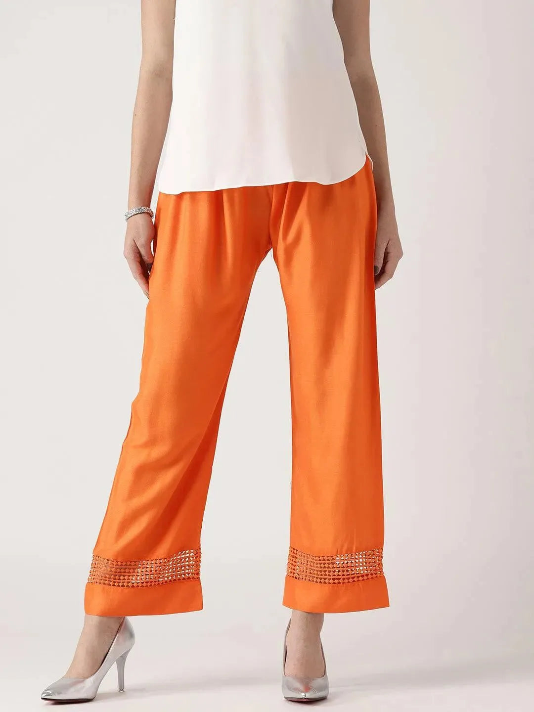 Orange Solid Rayon Palazzos - Libas