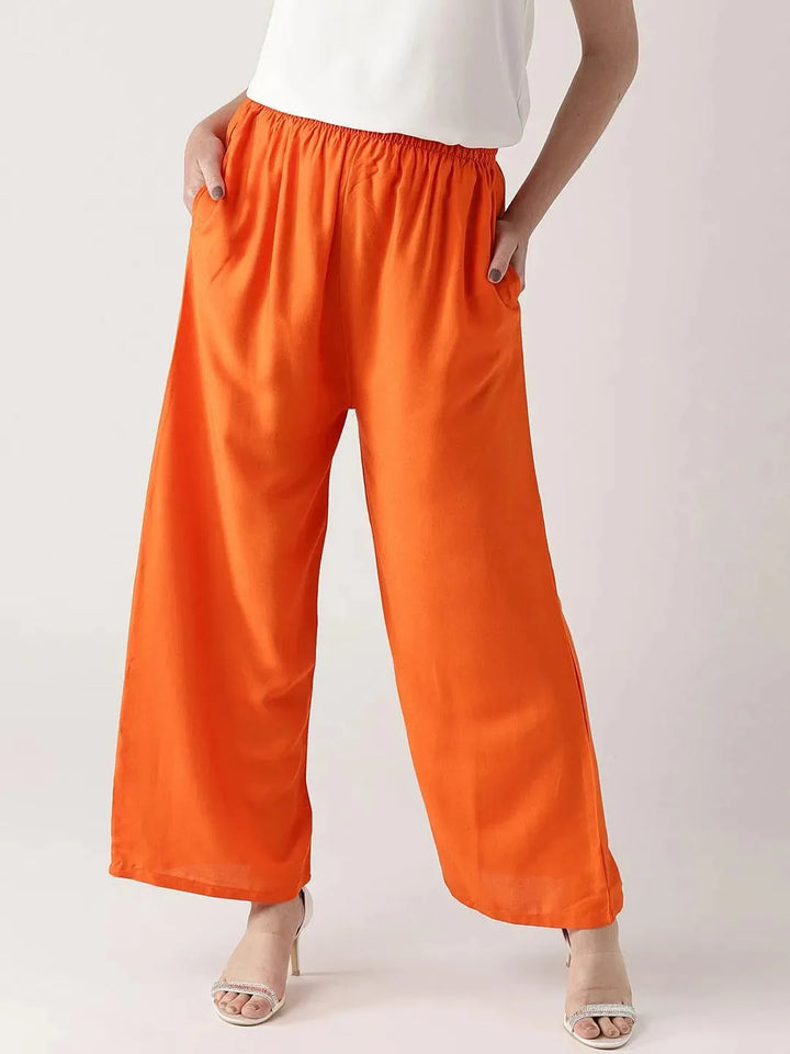 Orange Solid Rayon Palazzos - Libas