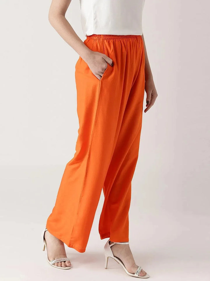 Orange Solid Rayon Palazzos - Libas