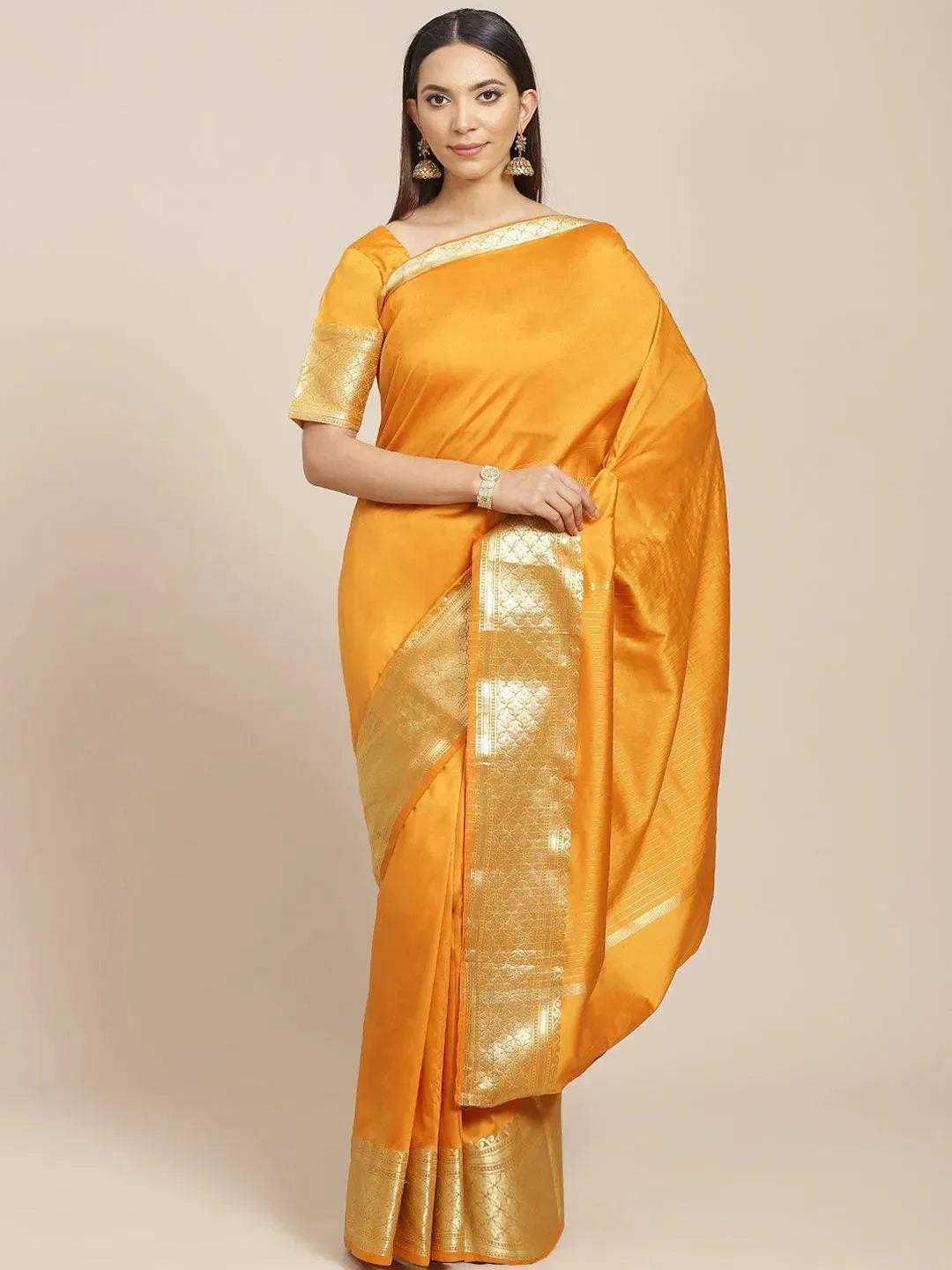 Orange Solid Silk Saree - Libas