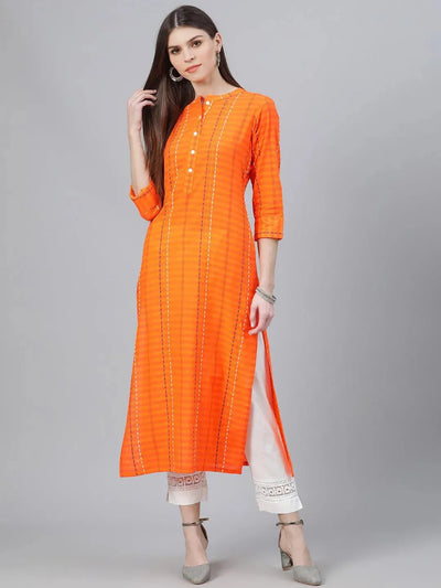 Orange Striped Cotton Kurta - Libas