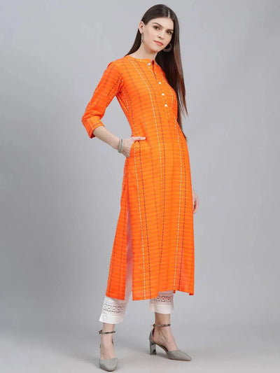 Orange Striped Cotton Kurta - Libas