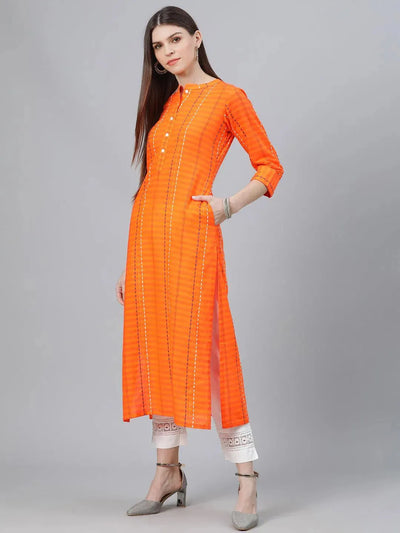 Orange Striped Cotton Kurta - Libas