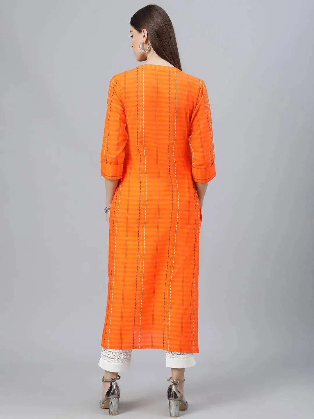 Orange Striped Cotton Kurta - Libas