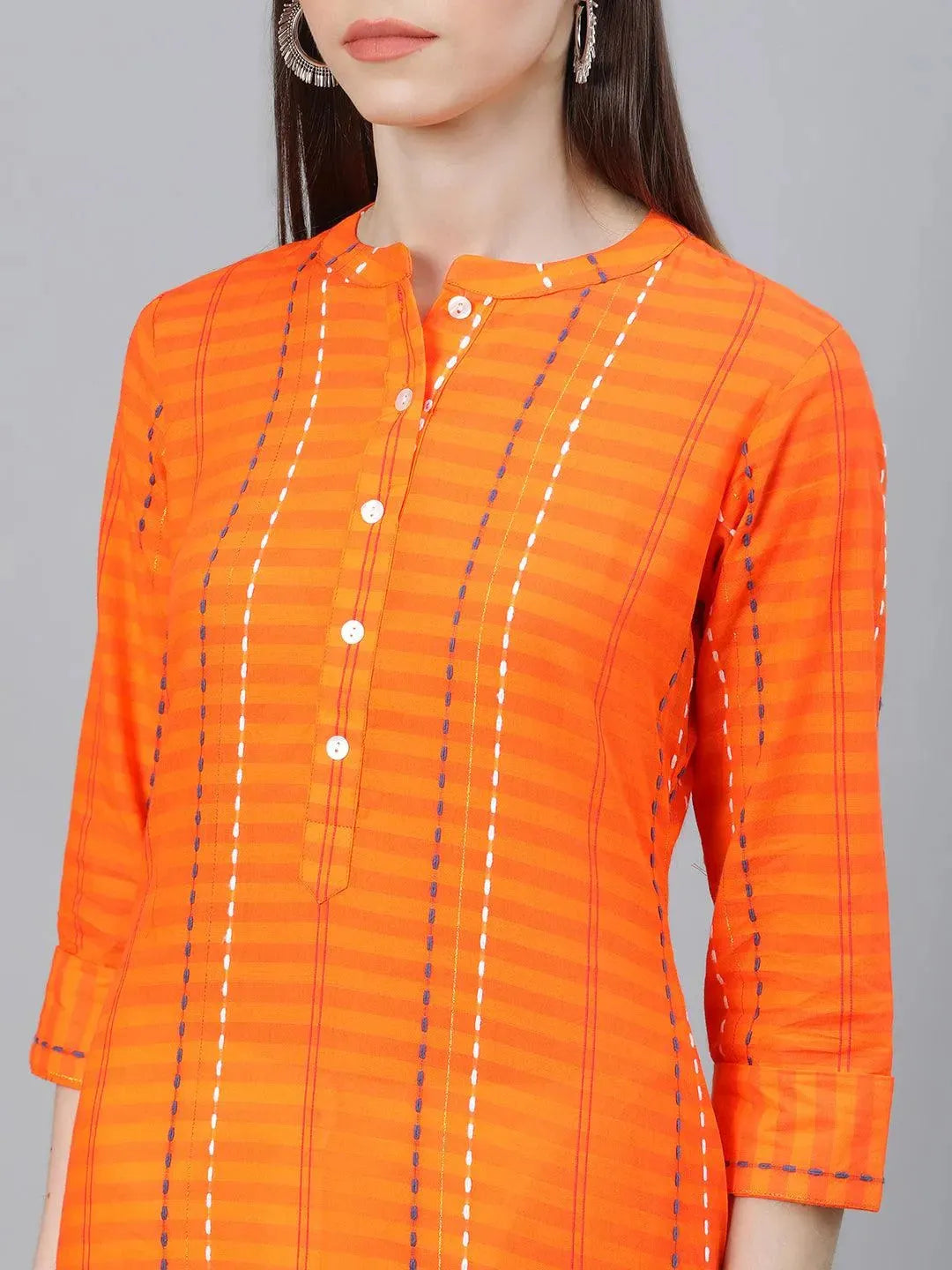 Orange Striped Cotton Kurta - Libas