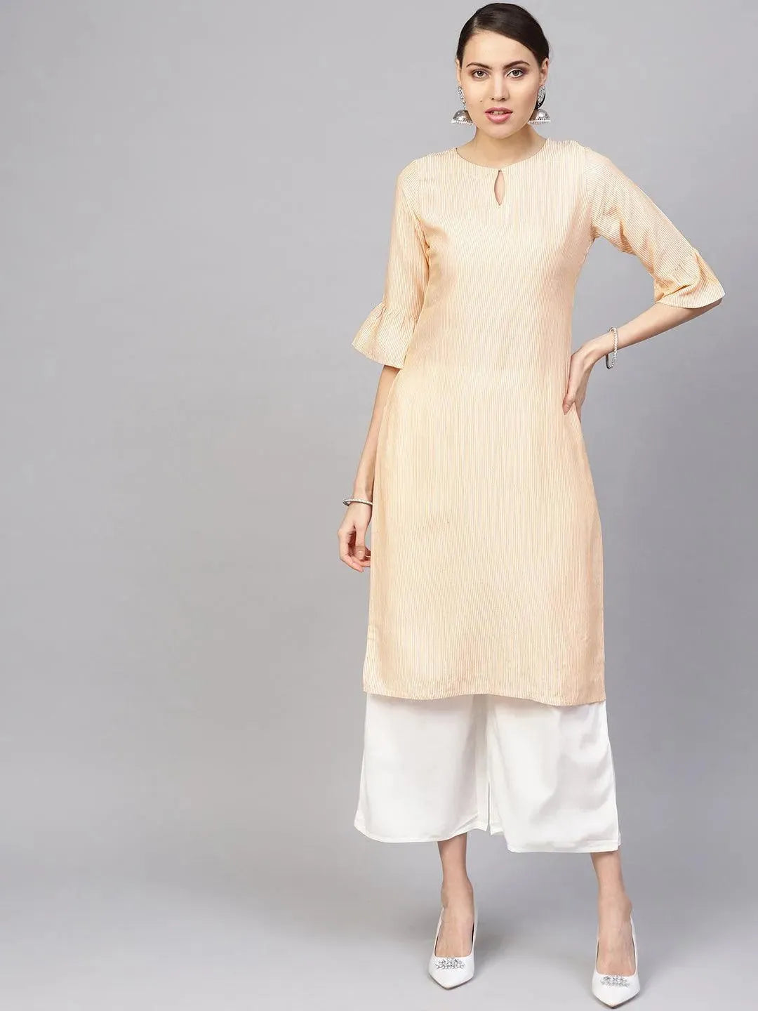 Orange Striped Rayon Straight Kurta With Palazzos - Libas