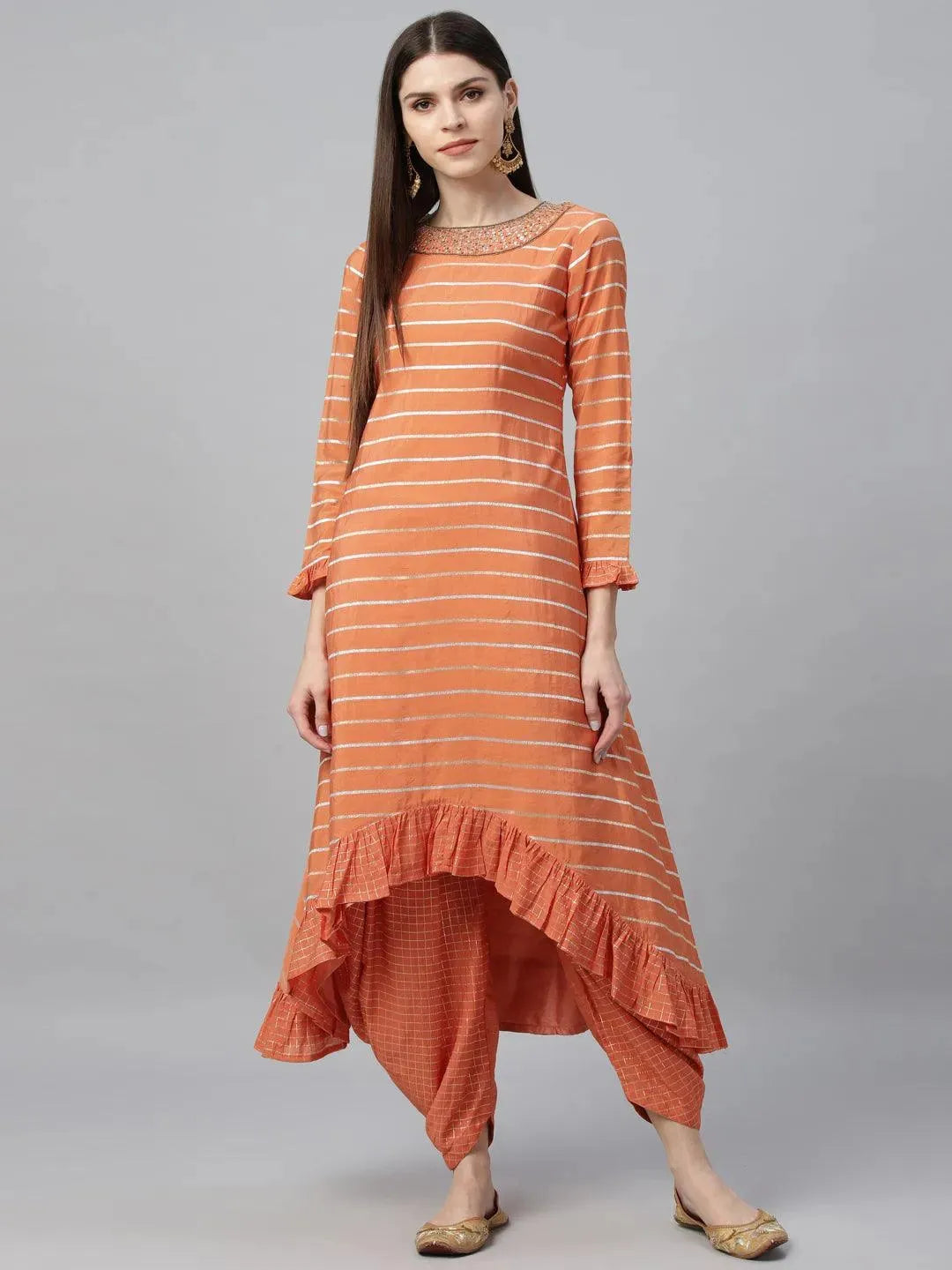 Orange Striped Shantoon Kurta Set - Libas