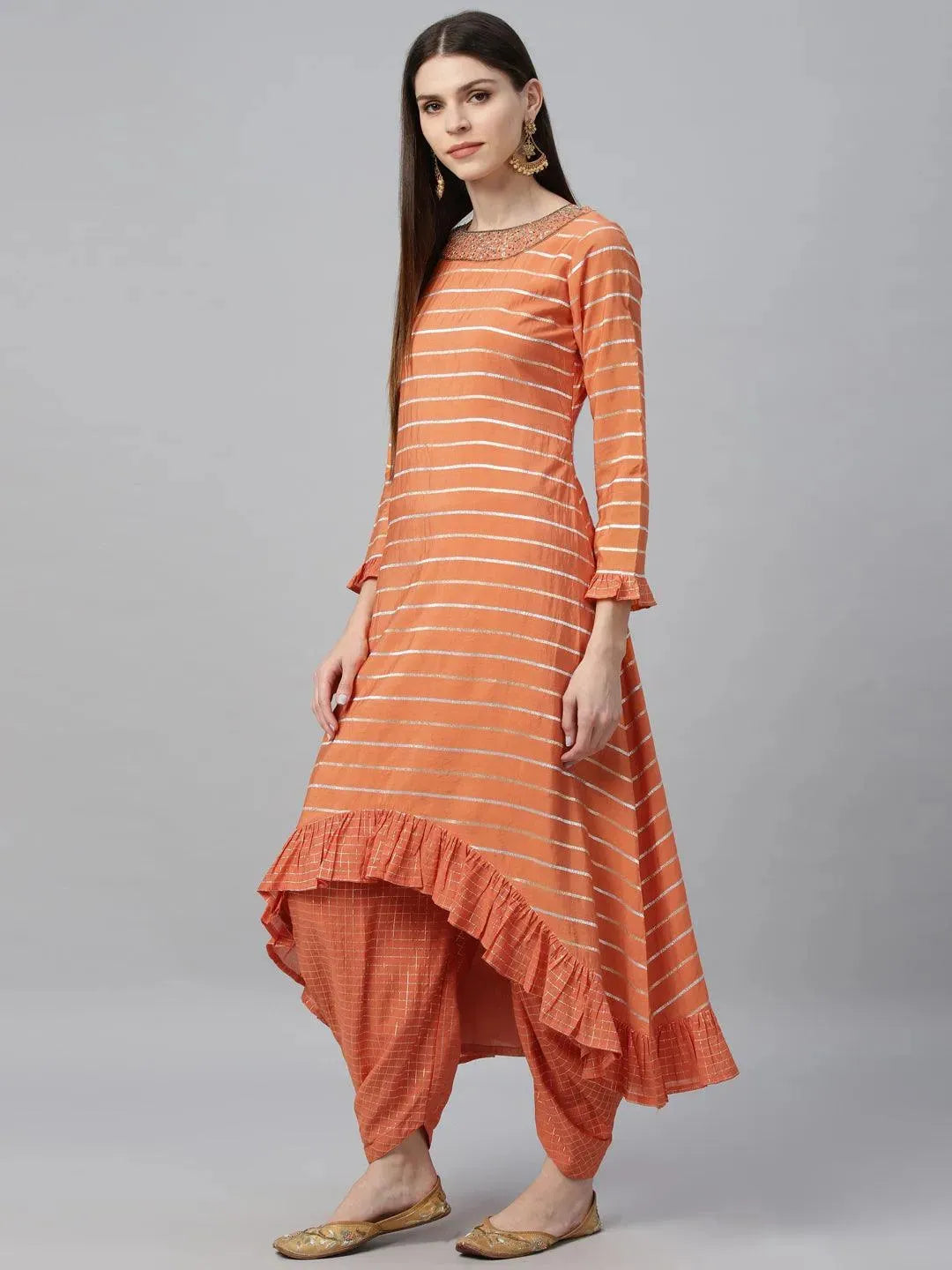 Orange Striped Shantoon Kurta Set - Libas