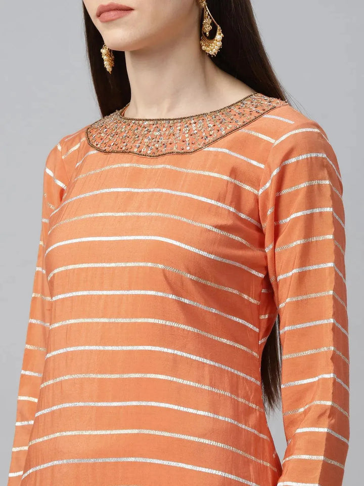 Orange Striped Shantoon Kurta Set - Libas