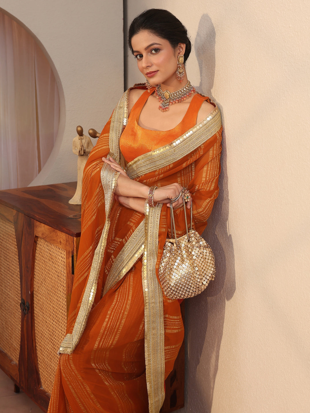  Orange Striped Textured Chiffon Saree 