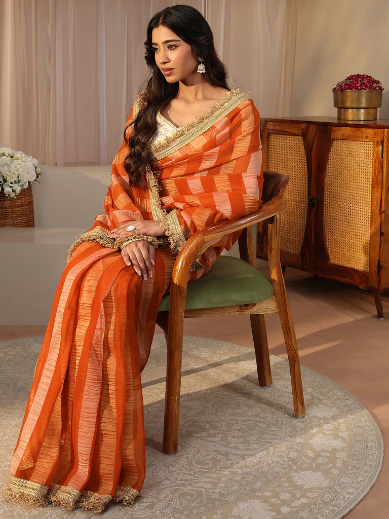 Libas Orange Striped Tissue Saree