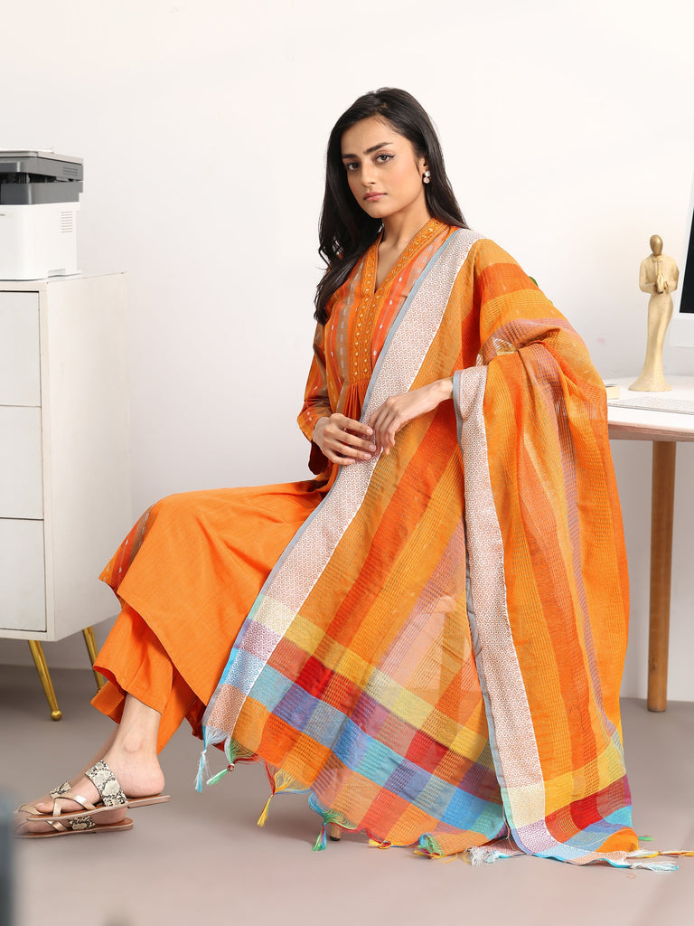 Gerua Orange Striped Woven Design Cotton Blend A-Line Suit Set With Dupatta